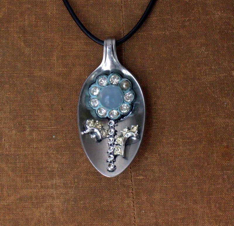 Vintage Spoon and Upcycled Jewelry Pendant Blue Flower