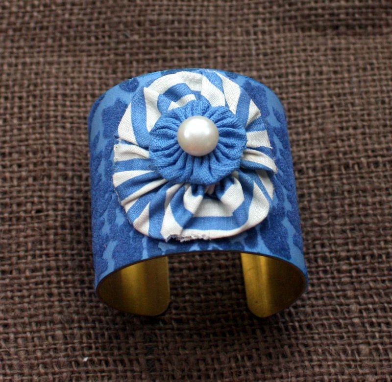 Flocked Vintage Wallpaper Cuff Bracelet with Yoyo Embellishment