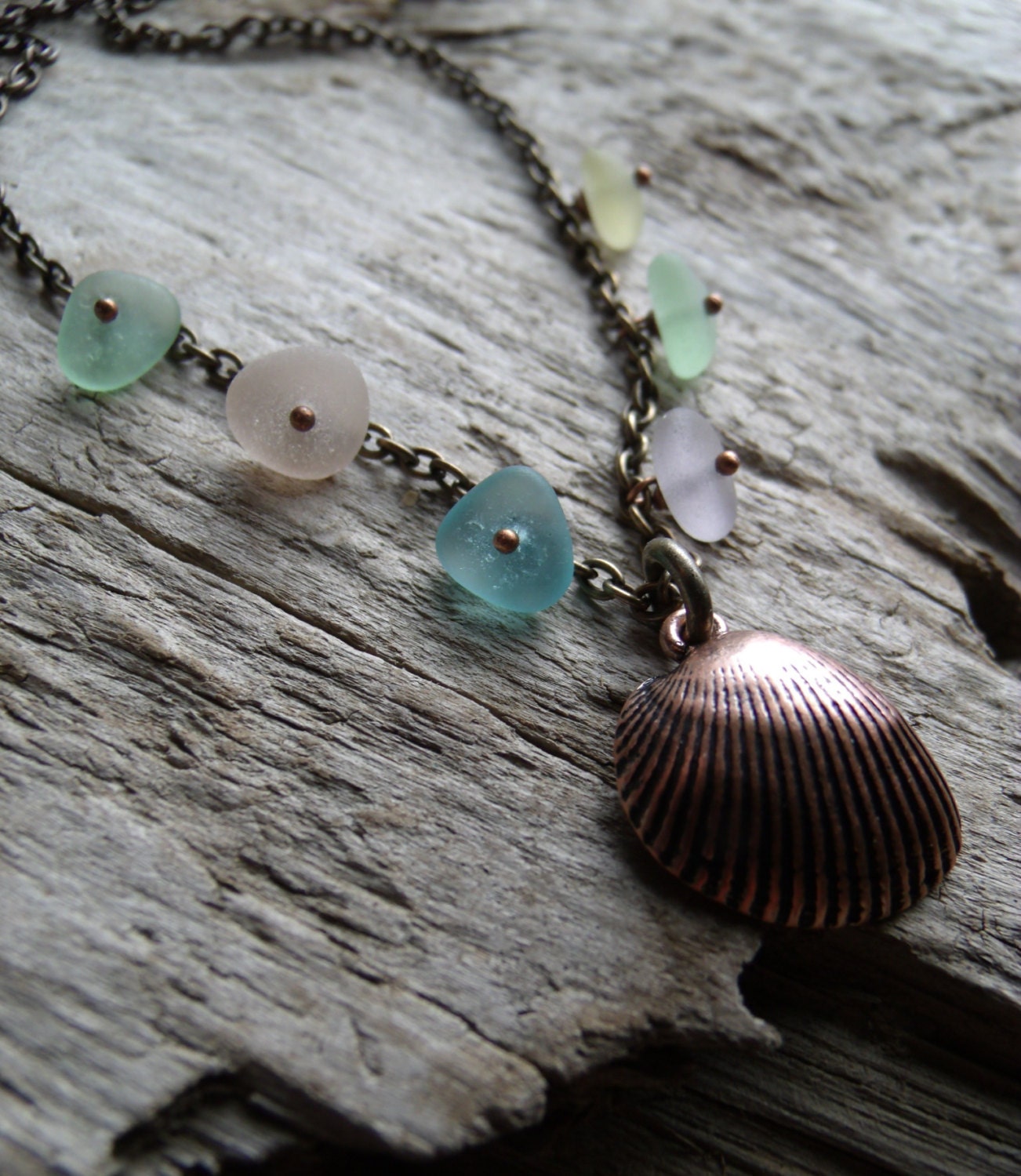 Genuine Sea Glass Necklace - Rare Pastel Tinies with Copper Shell Pendant - Seaglass Jewelry
