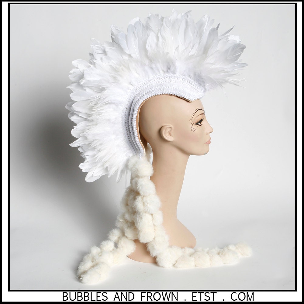 White Rabbit..... White Feather Headdress with Rabbit Fur Train