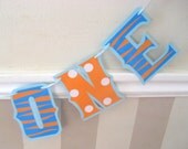 1ST Birthday Highchair I AM ONE Banner - Tiger or Zebra Print and Polka Dots in Blue and Orange