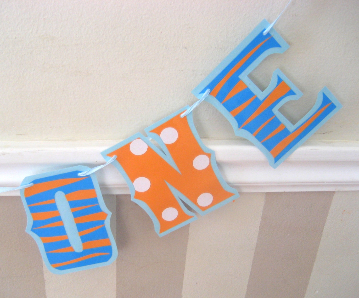 1ST Birthday Highchair I AM ONE Banner - Tiger or Zebra Print and Polka Dots in Blue and Orange Il_570xn