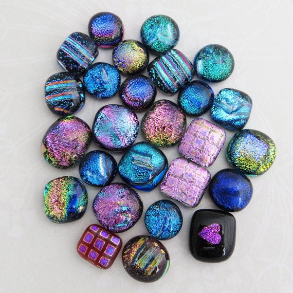 Fused Dichroic Glass Cabochons - set of 26 Multicoloured Cabs - UK