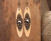 Piano Key Jewelry - Ivory Piano Keytop Dangle Leverback Earrings - Vintage Inspired, Brass Components with Greige Swarovskis