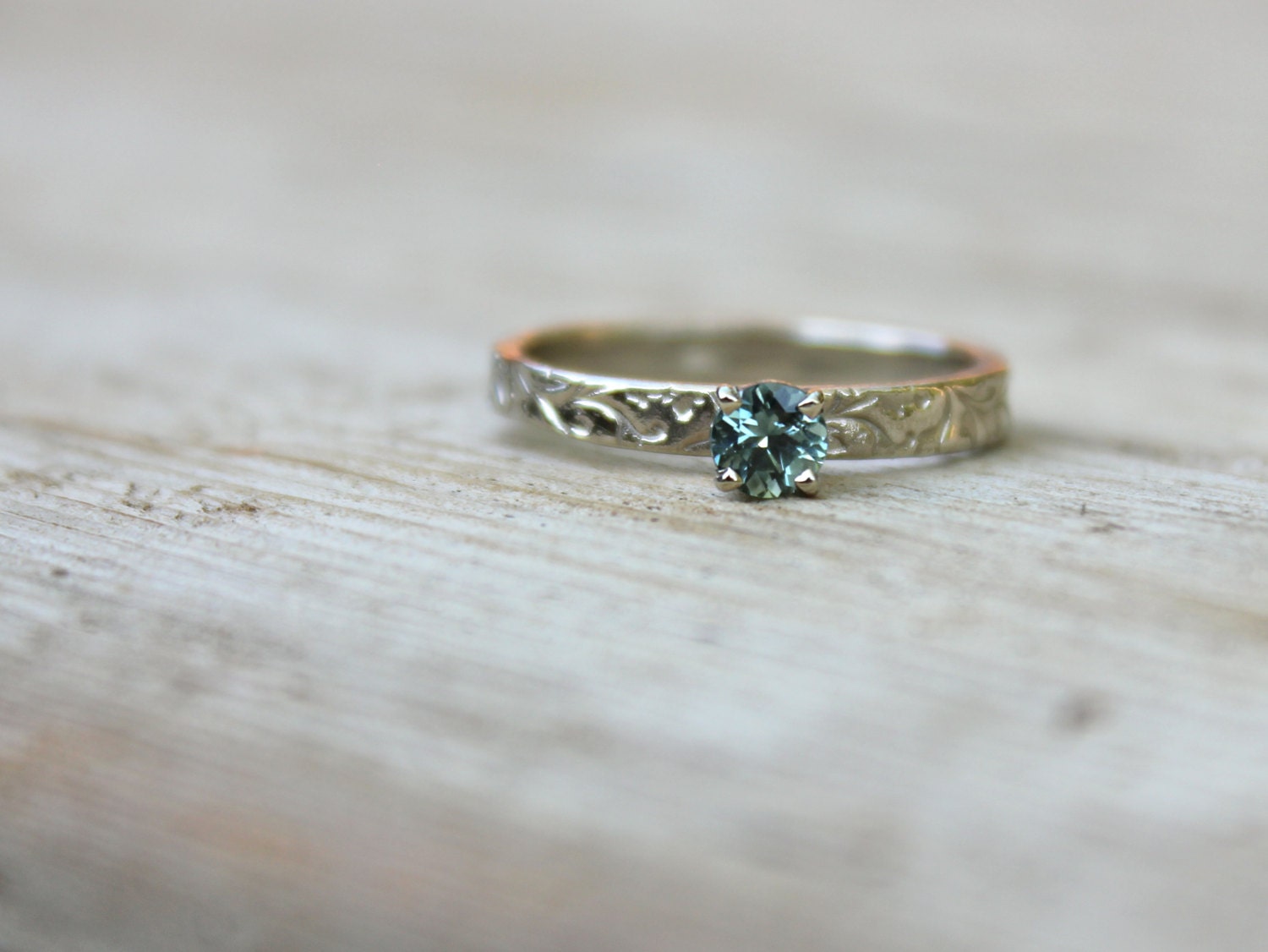 ethical fair trade sapphire engagement ring . recycled 14k white gold vine band . prong setting . created in your size