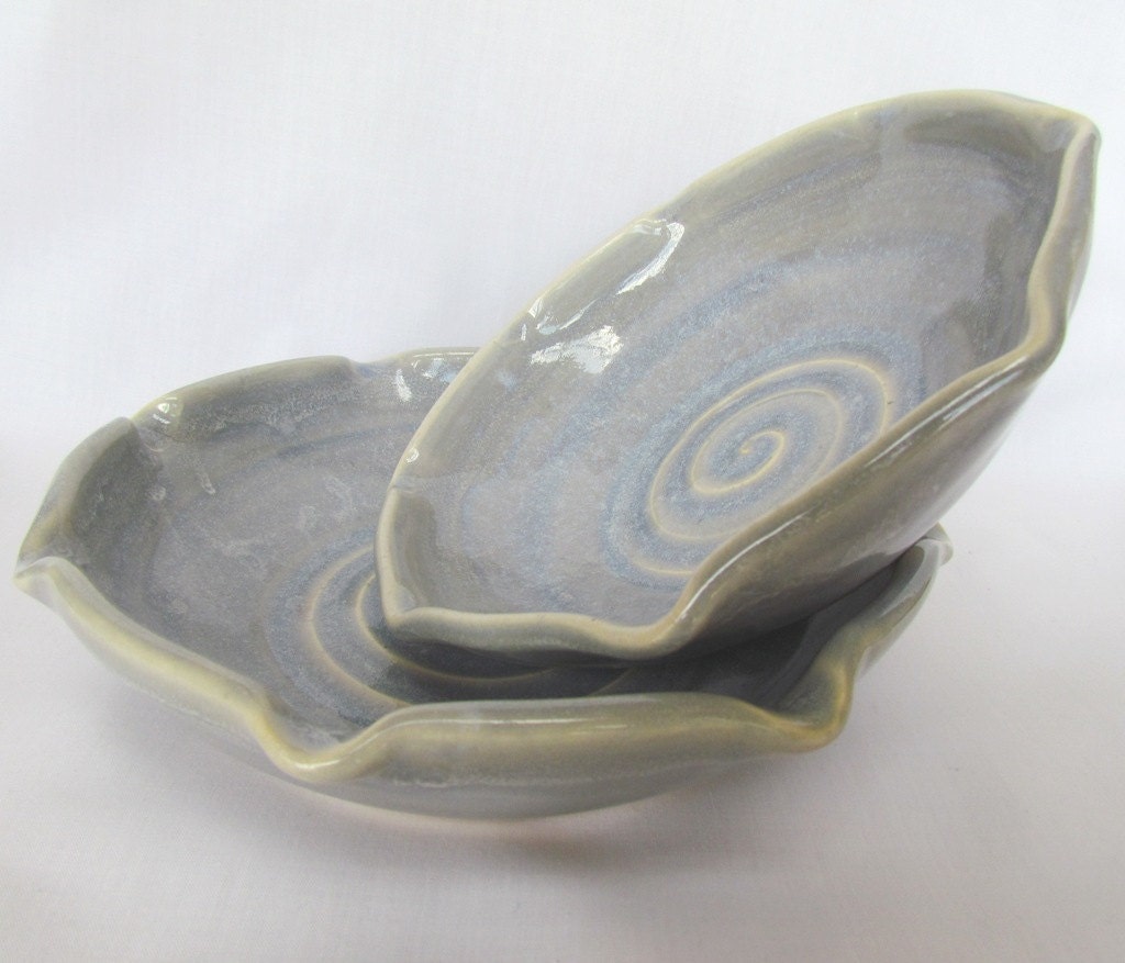 Serving Bowl Set Soft Blue Gray with Ruffled Edges