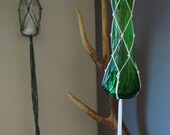 Hanging green vase - absinthe macrame modern - vintage carved glass vessel - flower display home decor netting
