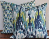 Decorative Ikat Pillow Set 20x20 inches Blue Navy White and Green 20x20 Pillow Covers