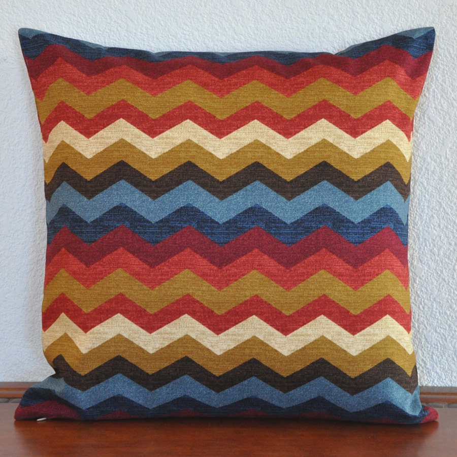Decorative Pillow Cover  Zig Zag Chevron in Red Blue Gold and 18x18 inches