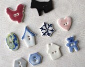 SALE...Handmade Porcelain Button Medley 3: Ten Assorted Buttons. Chicken, Dog, Bird House, Snowflake, Heart, Geometrics, Cabin, & Heart