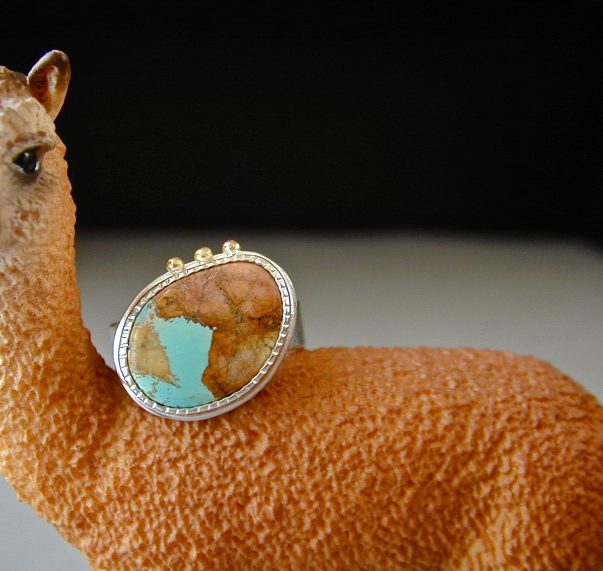 Turquoise Ring, Nevada Bouder Turquoise, Sterling Silver, 18kt Gold, Petite