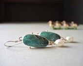 Turquoise Earrings, Dangle Earrings, Pearl Drops, Sterling SIlver, 14kt Gold, Fabricated