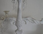 Huge 20" Tall Shabby Chic Gorgeous Chippy White Cast Iron Metal Candle Holder  w/Chandelier Crystals...STUNNING