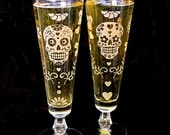 NEW Day of the Dead Wedding Fluted Beer Glasses, Candy Skull Pilsner Flutes