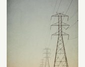 SALE Rustic Landscape Photograph - power lines blue grey white yellow black golden brown masculilne industrial simple fall autumn orange -