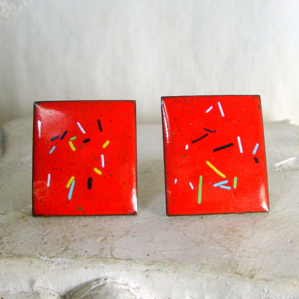 1950s Retro Red Confetti Enamel Cufflinks, Copper Handmade Rectangle Mens Shirt Jewelry, Valentine Red Mod Fun
