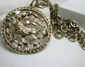 CORO, ARIES the Ram Pendant, 1960s 70s, Silver Metal Horoscope Necklace On Silvertone Chain, Round April Zodiac, Fire Sign