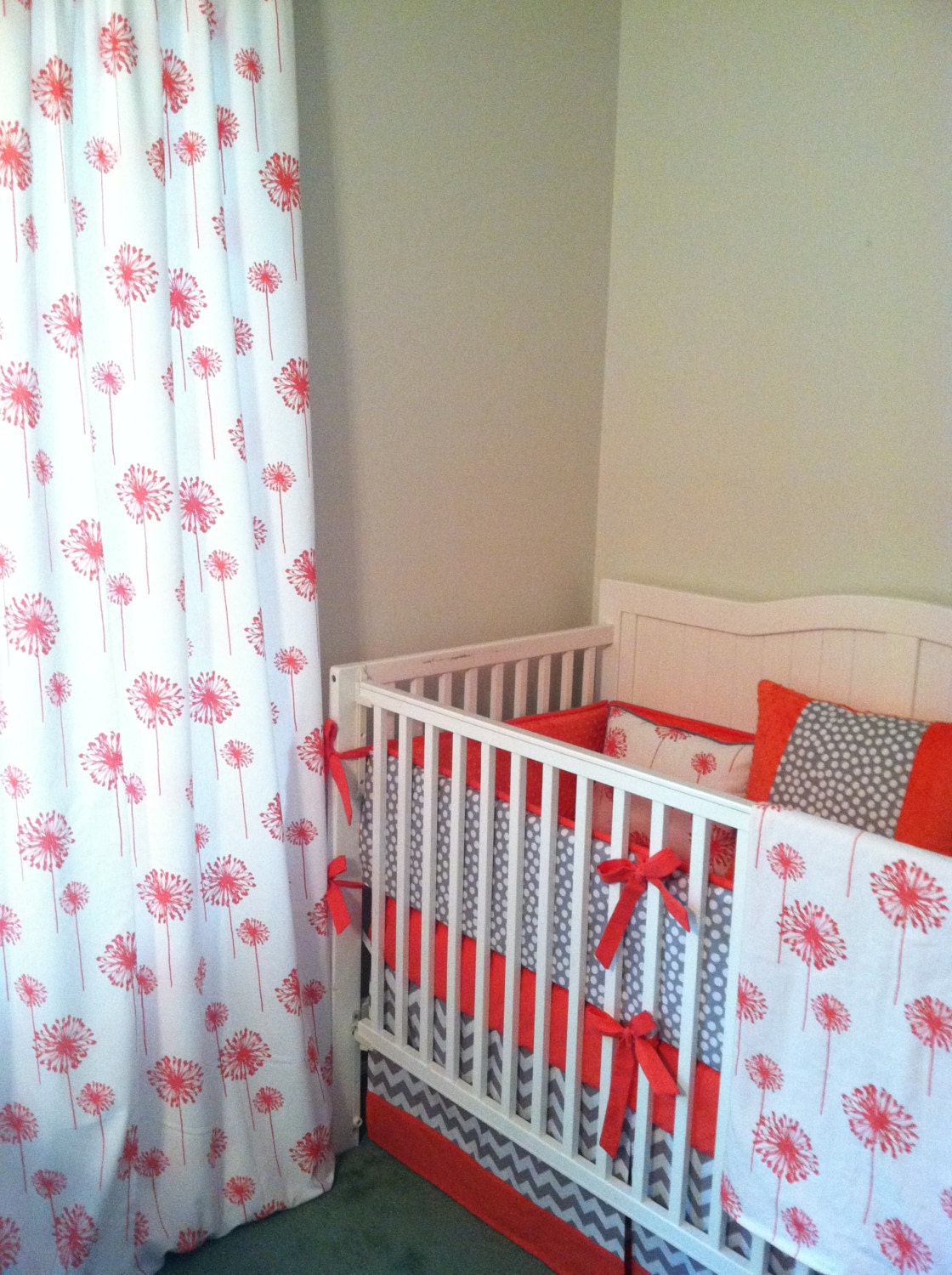 Dandelion Coral and Gray Crib Bedding Set
