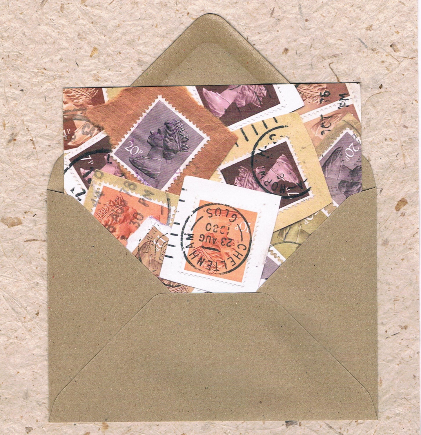 1 x FLAT CORRESPONDENCE CARD with envelope - Postage Stamps in Retro Orange & Brown - Notecard, Blank Postcard