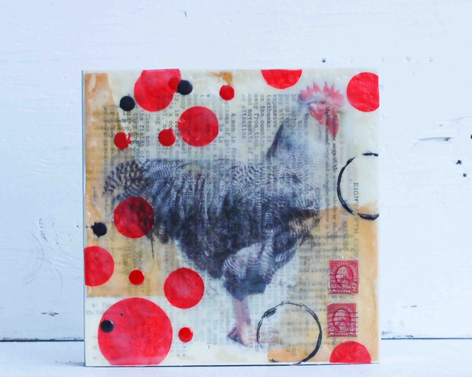 Country CHICKEN Original Encaustic Mixed Media Painting Rustic Farm Collage