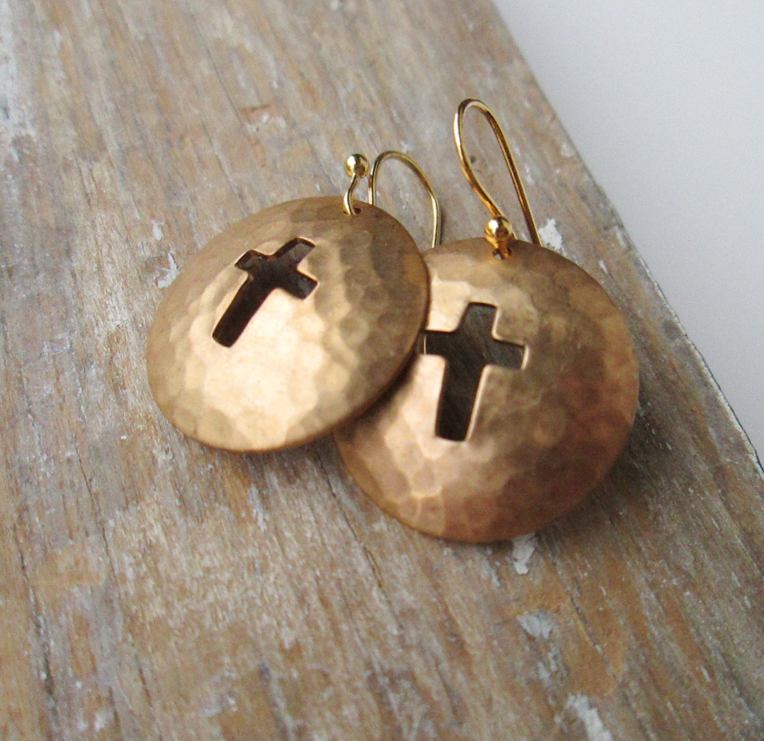Hammered Cross Cutout Earrings. Brass. Cross. Hammered. Gold. Rocker.