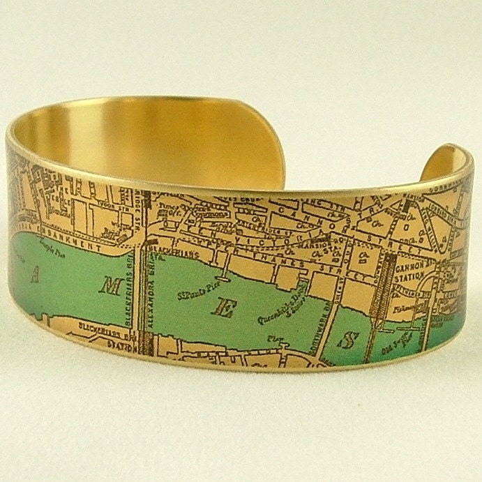 London Map Jewelry - Antique Street Map - British Jewelry - Thin SLIM Cuff Bracelet