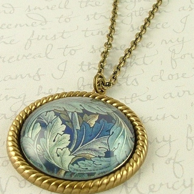 Blue Flower Jewelry - William Morris Acanthus Wallpaper Pendant Necklace - Arts and Crafts Movement