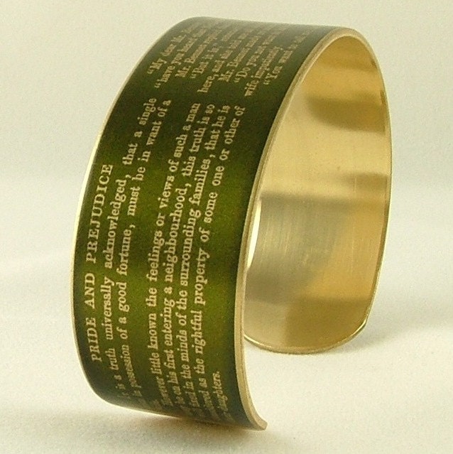 Jane Austen Jewelry - Pride and Prejudice Literary Brass Bracelet Cuff in Green