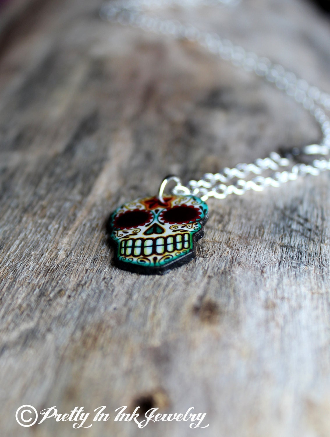 Day of the Dead filigree Sugar Skull with Small Swallow Necklace on a Silver Plated OR Antiqued Brass Chain
