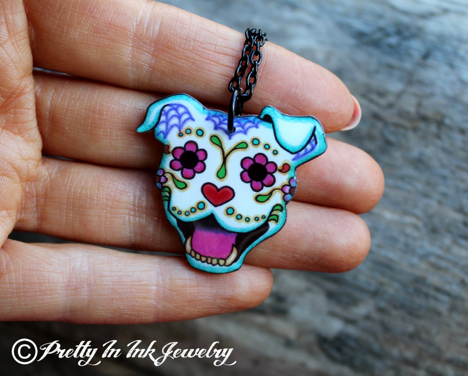 THE ORIGINAL Smiling Day of the Dead Pit Bull - Sugar Skull Dog Necklace - 5 dollars from Every necklace sold will go to Villalobos