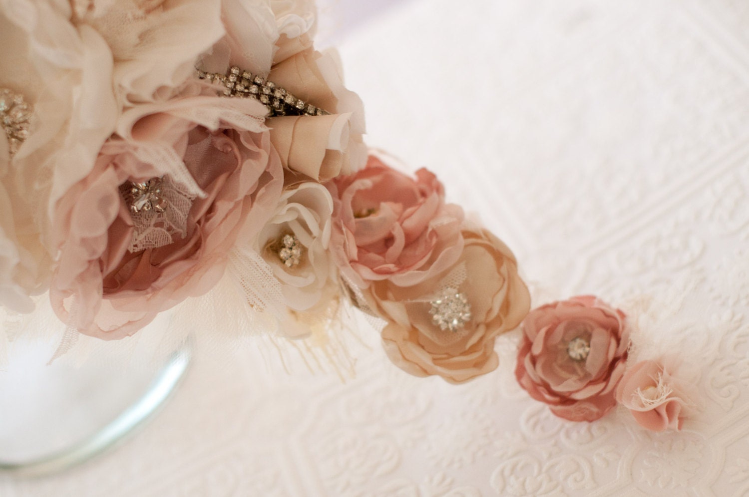 Fabric Flower Custom Wedding Bouquet, with rhinestone and pearl brooches, choose your colors