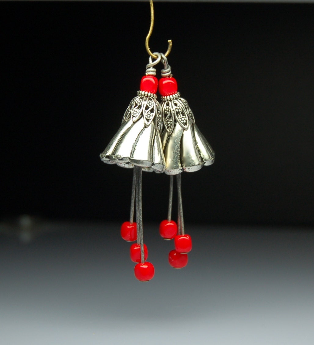 Vintage Style Bead Dangles Red and Antiqued Silver Flowers Pair R28