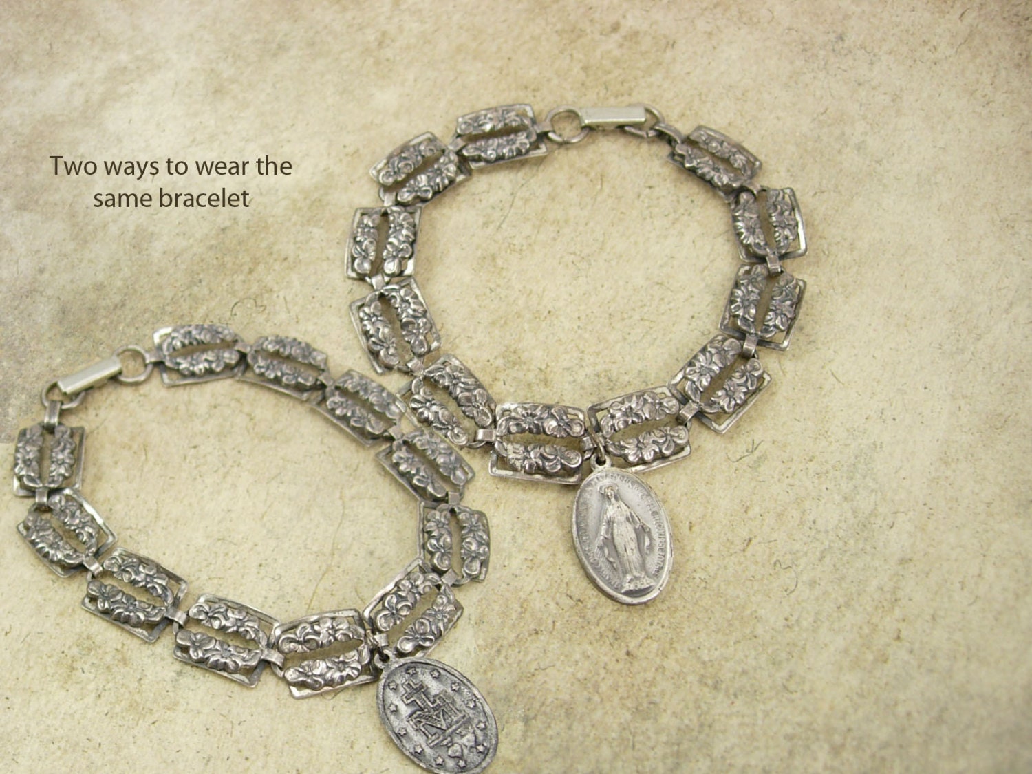 Vintage sterling Sacred Heart BRacelet beau sterling 1830 miraculous Religious medal fob
