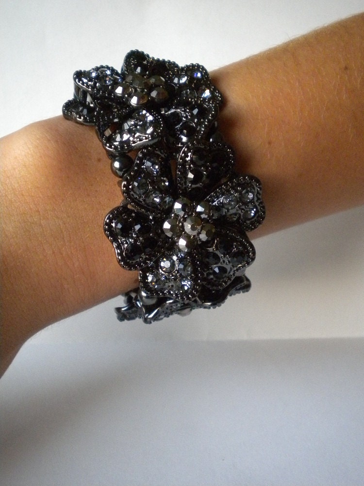 Black Victorian Gothic Romantic Gray Ice Bling Feminine Chunky Flower Rhinestone Crystal Dark Whimsical Bracelet