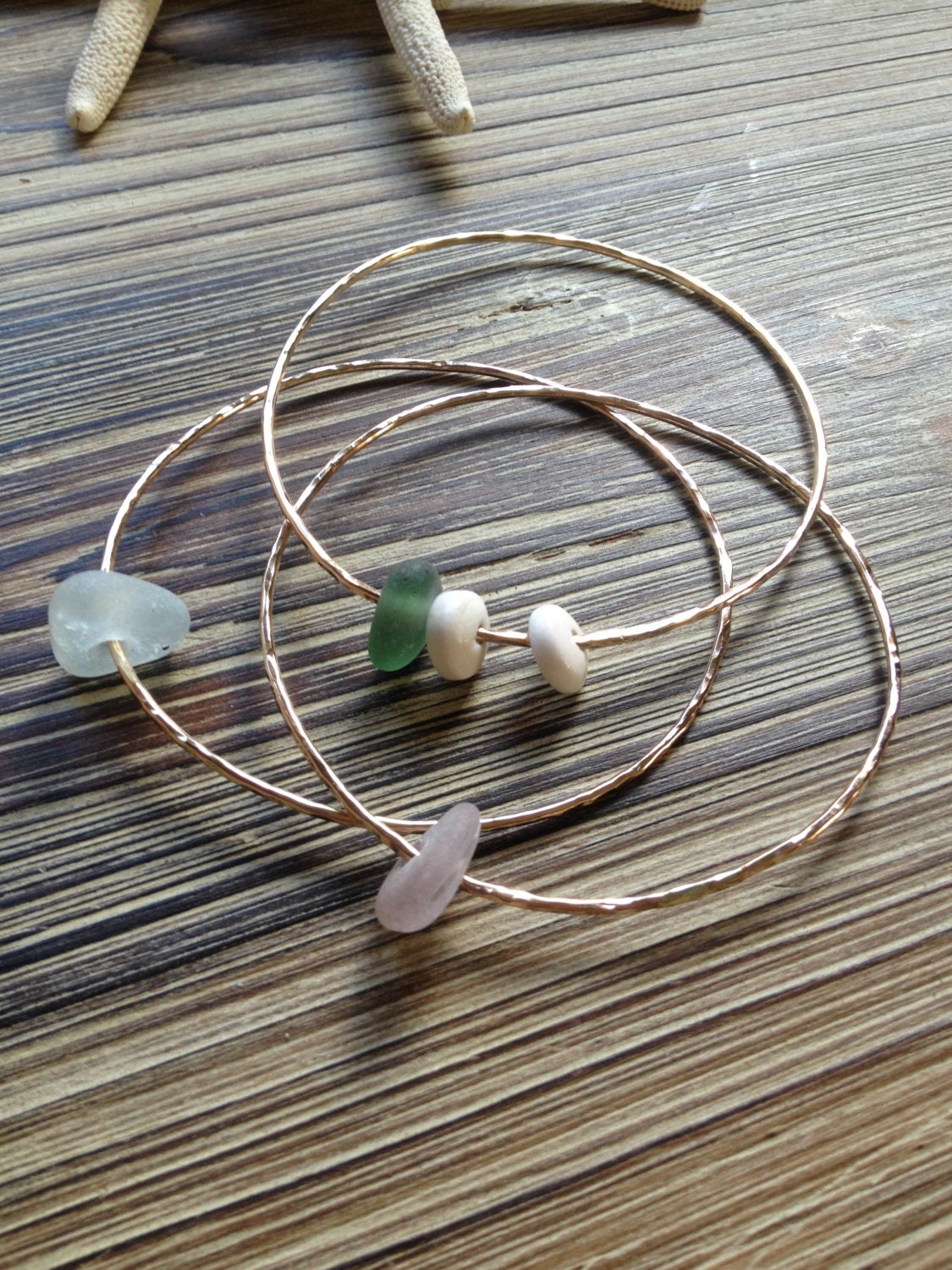 Set of 3 14k Gold Filled Hammered Thin Bangle Bracelet with Sea Glass and shells... Free Shipping...Badkittyhawaii