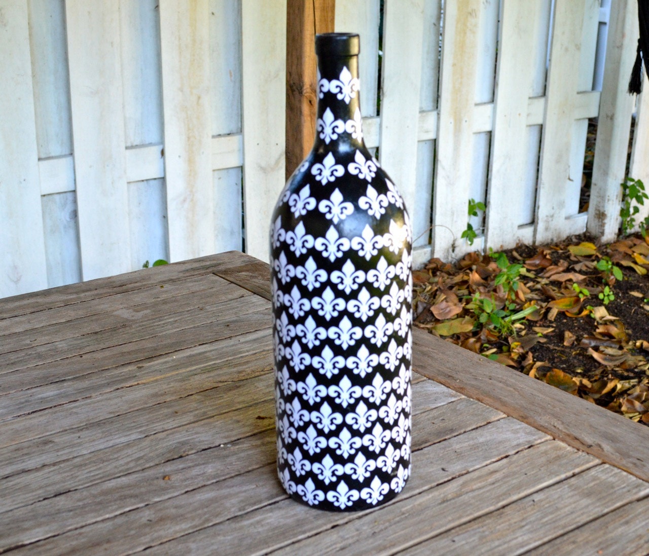 Large Black Fleur de Lis Inspired Upcycled Glass Bottle