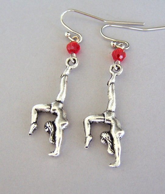 Gymnast earrings, antiqued silver gymnastics charm earrings, Swarovski crystal