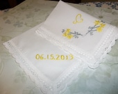 bridesmaid hanky, wedding handkerchief,yellow and grey, hand embroidered, wedding colors welcome, bouquet wrap
