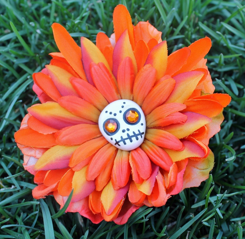 Orange Sugar Skull Combination Hair Clip and Pin