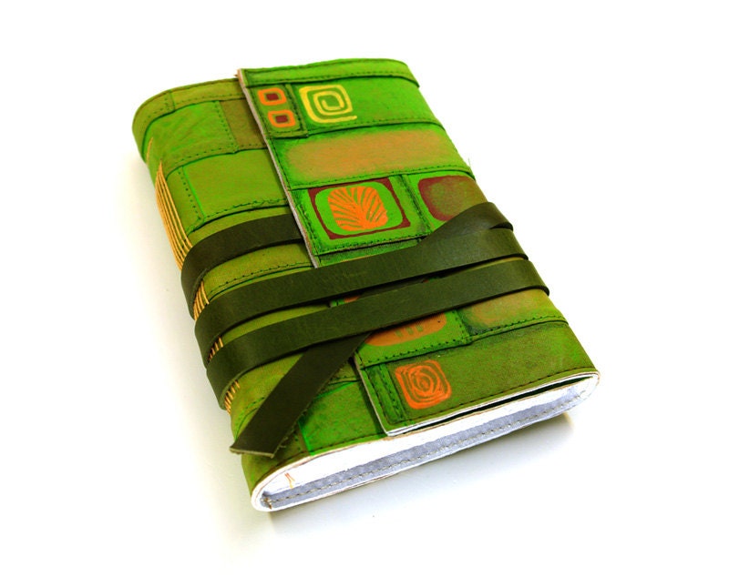 Spring Journal - Leather Journal Green and Orange Leather Notebook - Modern Geometric Design - Lemon Green Spring