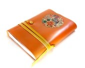 Orange Leather Journal -  Floral Sun - with Floral Leather - Diary, Notebook, Sketchbook
