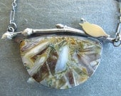 Necklace of Needle Agate, Blueberry Twig and Quail in Sterling Silver