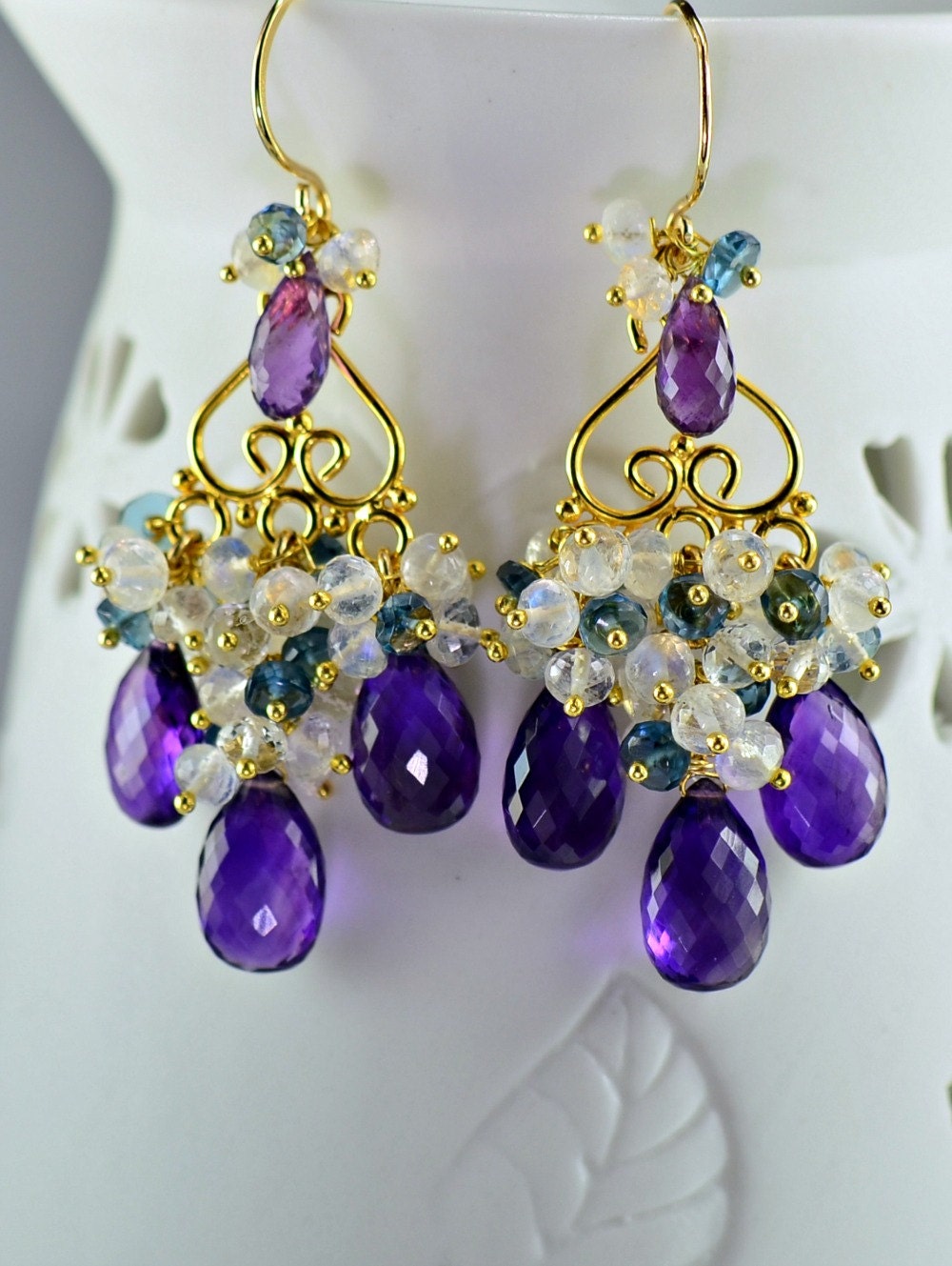 SALE-Amethyst Moonstone Chandelier Earrings London Blue Topaz Gemstone Dangle Earrings 14k Gold Filled Wire Wrapped Earrings