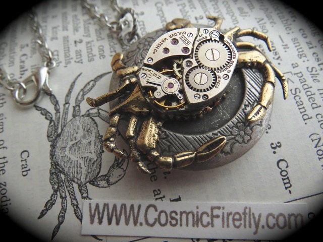 Steampunk Crab Locket Necklace Rustic Crab Necklace Nautical Steampunk Necklace Vintage Watch Movement Gothic Victorian Rustic Silver Locket