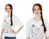 60s Mexican Blouse Embroidered Hippie Boho Bohemian Ethnic Oaxacan 1960s Top Shirt 1970s 70s Vintage Medium M