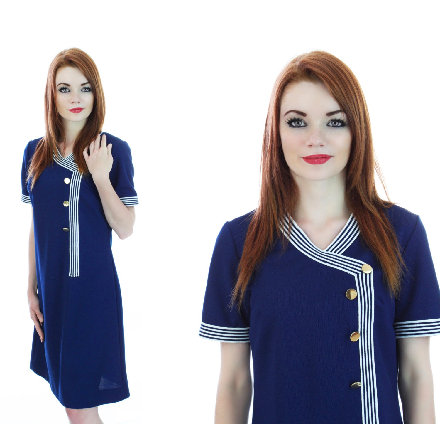 60s Sailor Dress Mod Nautical Vintage Navy Blue White Stripes Gold Buttons 1960s 70s 1970s Medium M