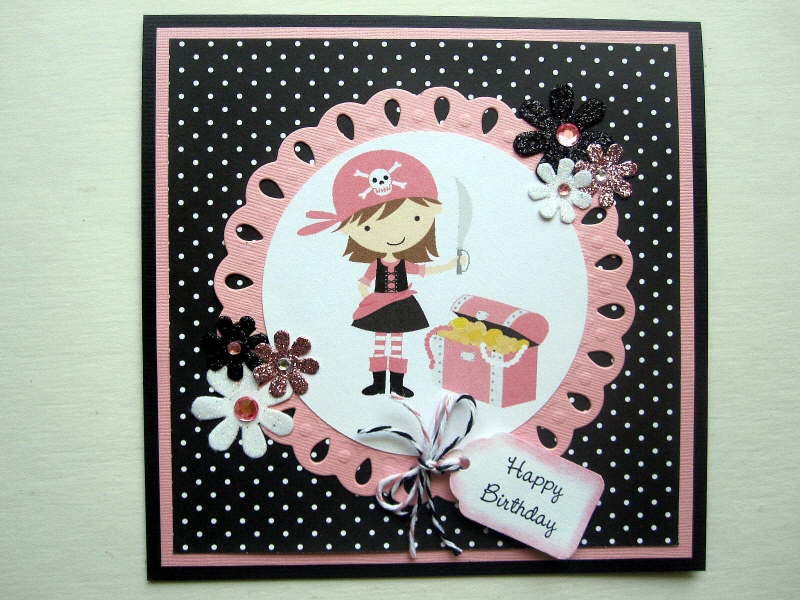 Pirate Birthday card for girl, personalized,  kids birthday card, childrens birthday card, pink black white