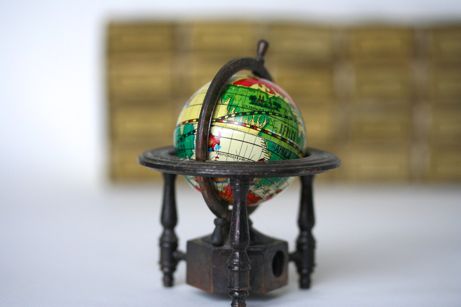 Sharp as a . . . Vintage Globe Pencil Sharpener, Tin Litho Globe, World, Earth