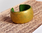 Statement Wooden Bracelet Bangle - Israel jewelry Hand Painted golden green yellow Modern style