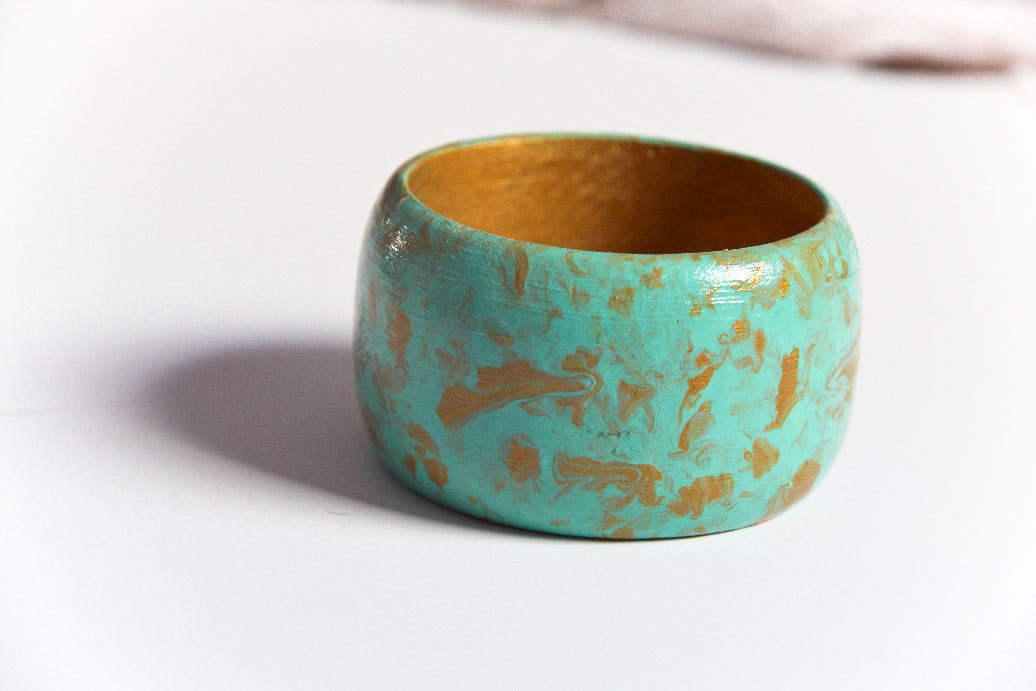 Fashion Mint Wooden Bracelet Bangle - Graduation Gift Teal Golden yellow made in Israel Hand Painted